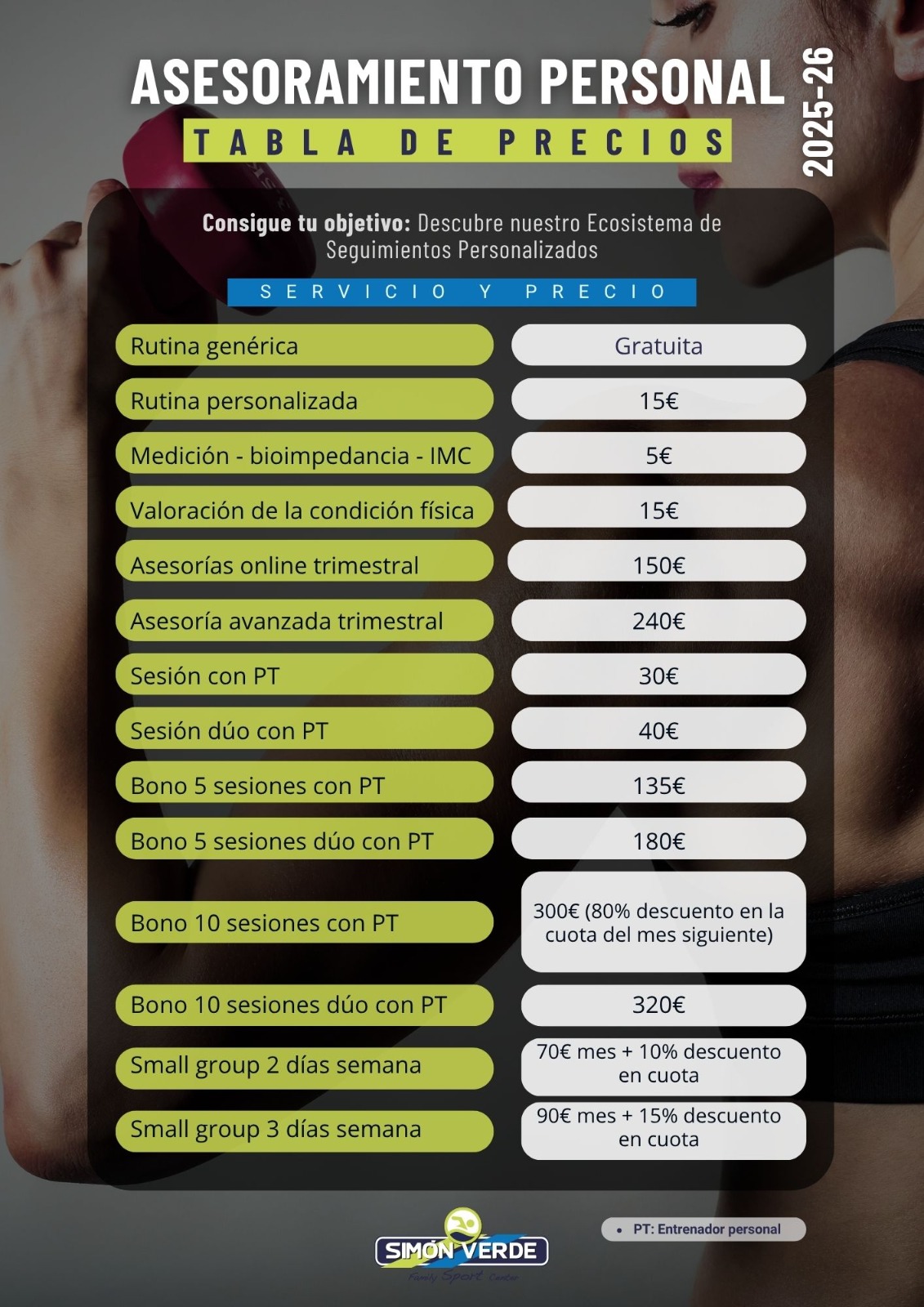 Tabla de precios Asesoramiento personal