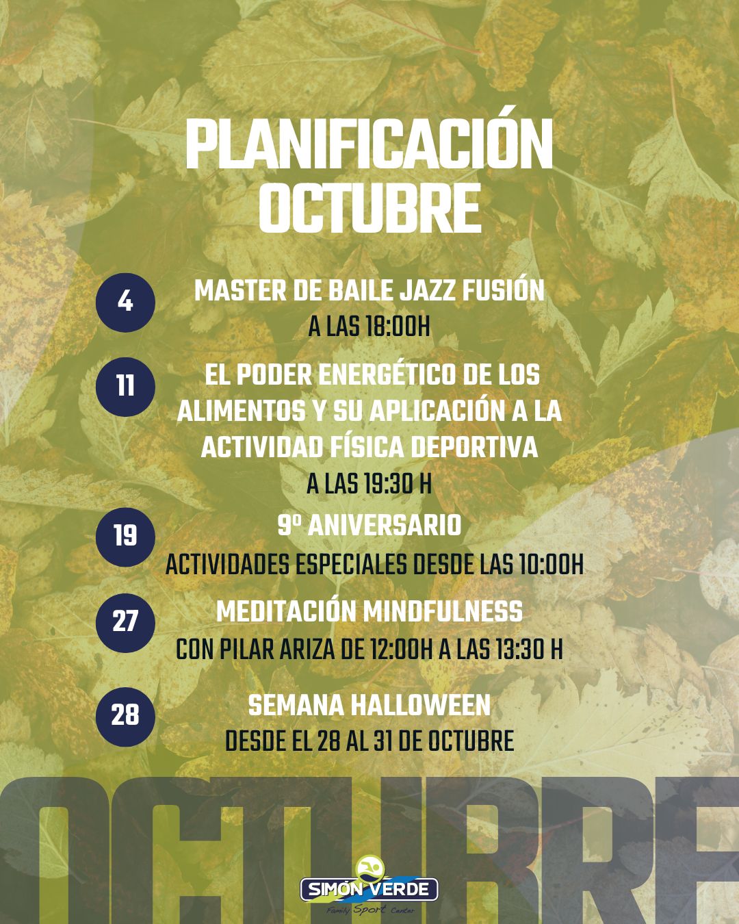 PLANIFICACIÓN OCTUBRE EN SIMÓN VERDE SPORT